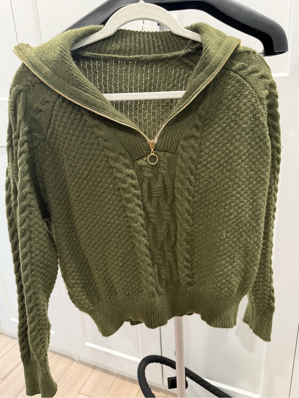 SHEIN Olive Green Cable-Knit Half-Zip Turtleneck Sweater